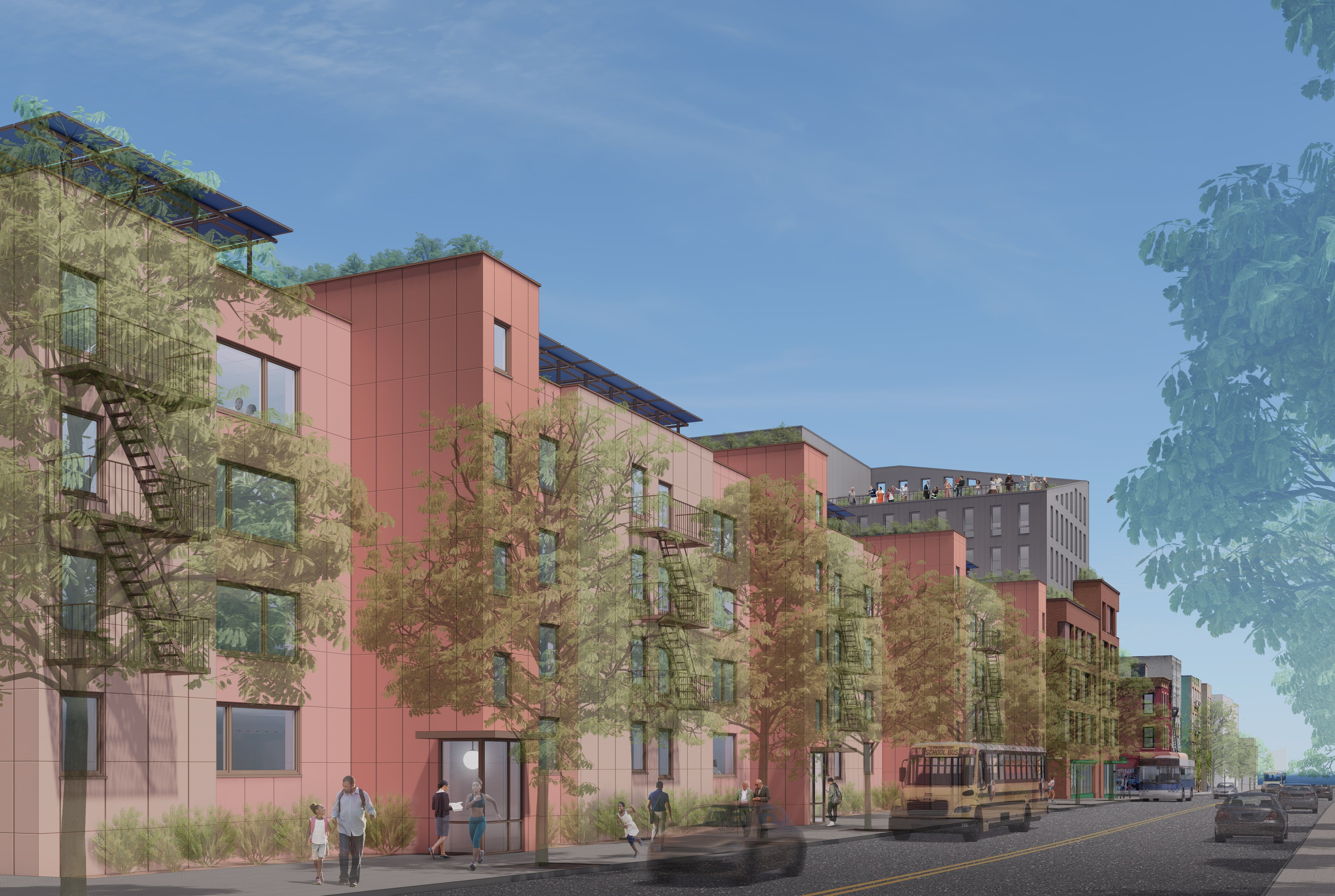 Rendered view of the Stuyvesant Overlook beyond the existing Stuyvesant Gardens I housing on Gates Avenue