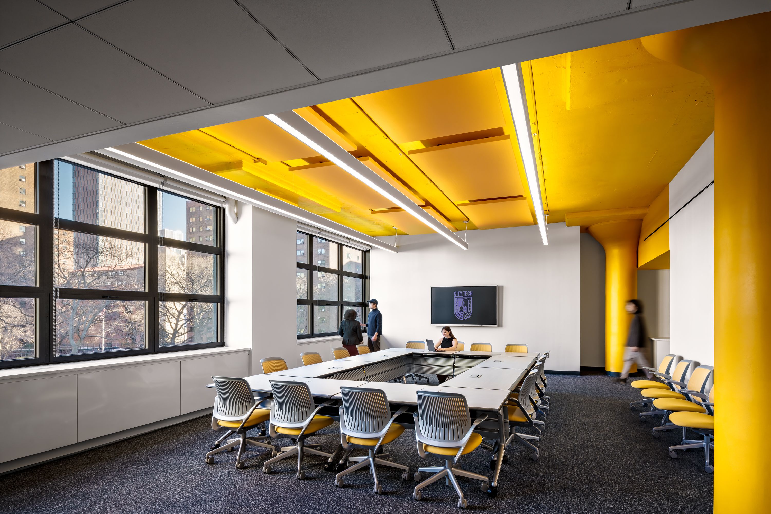 Bright yellow conference room