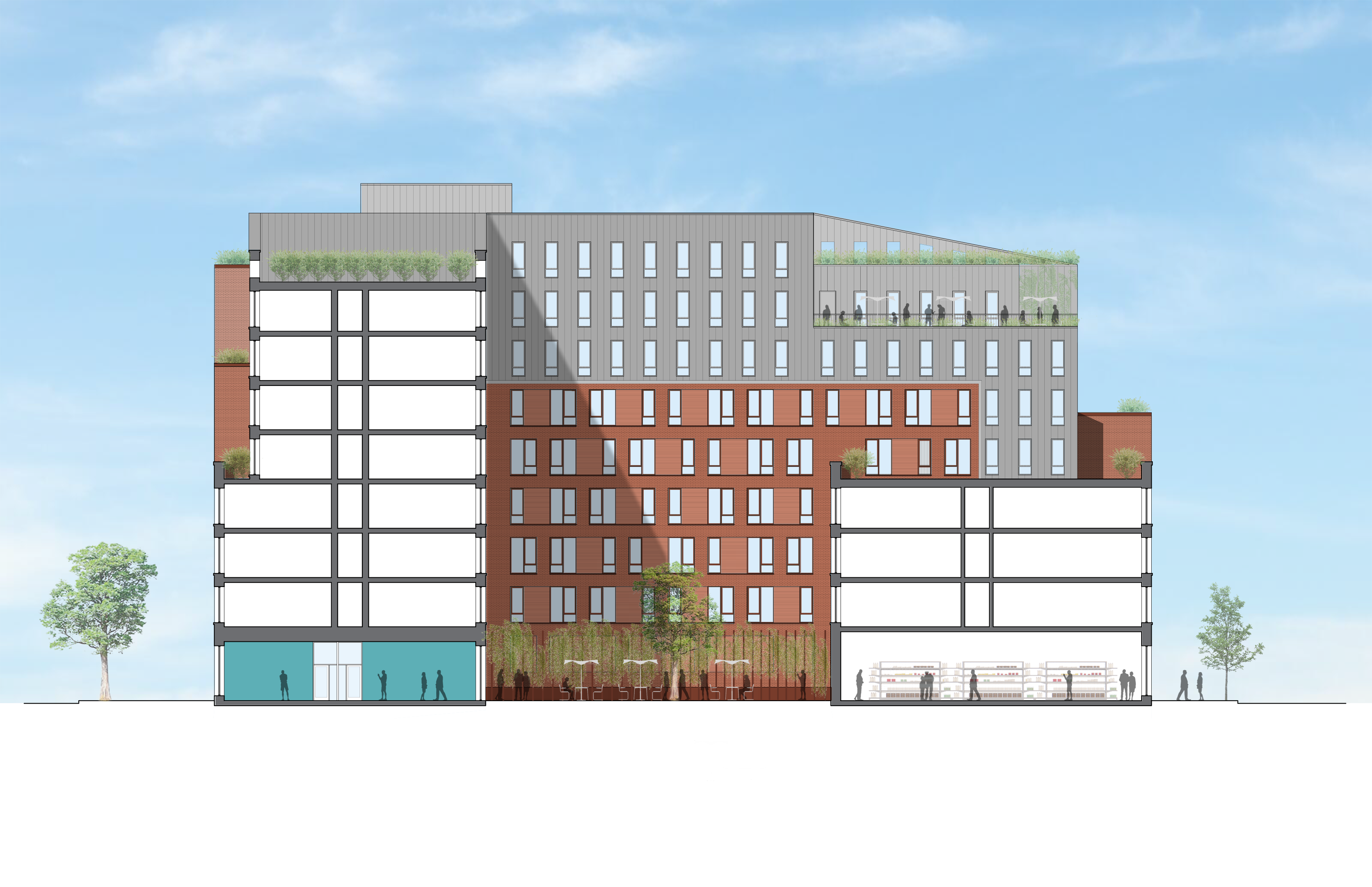 Rear elevation section drawing of the Stuyvesant Overlook, with color