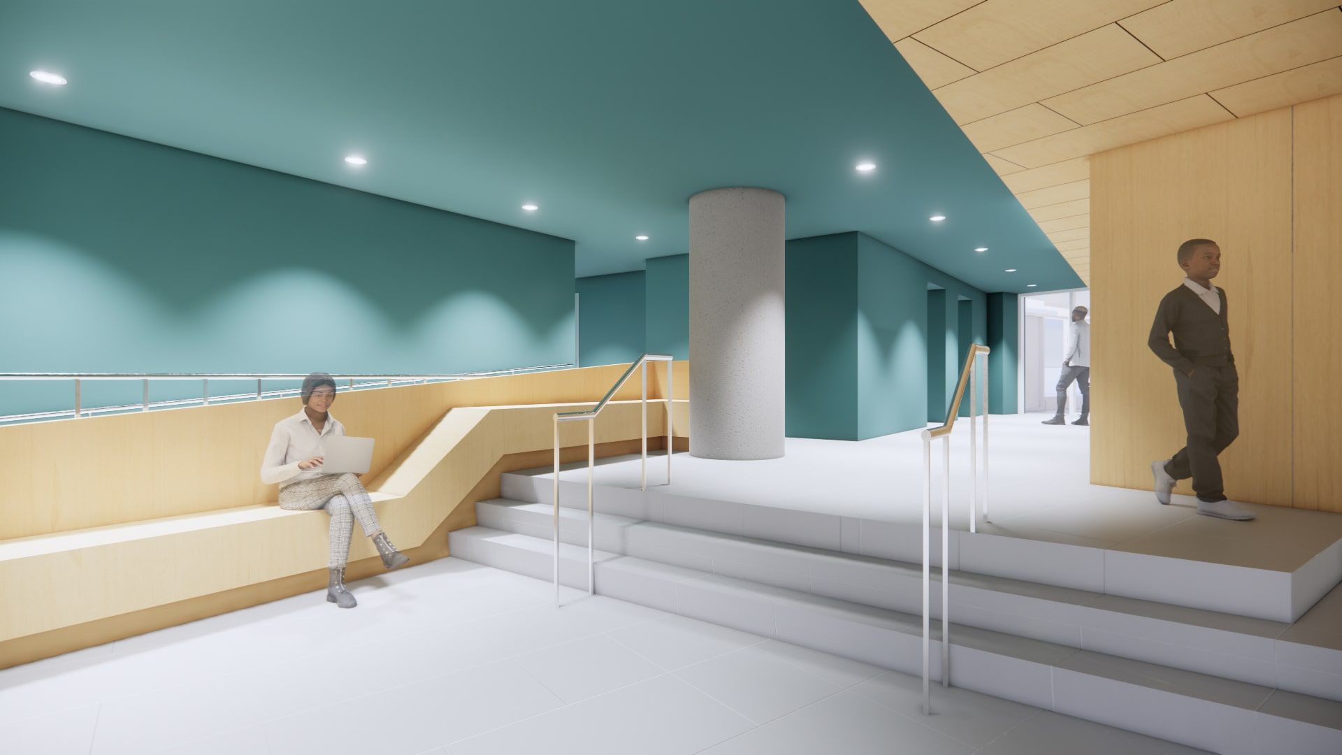 View of lobby with integrated seating and sculptural main stair at right