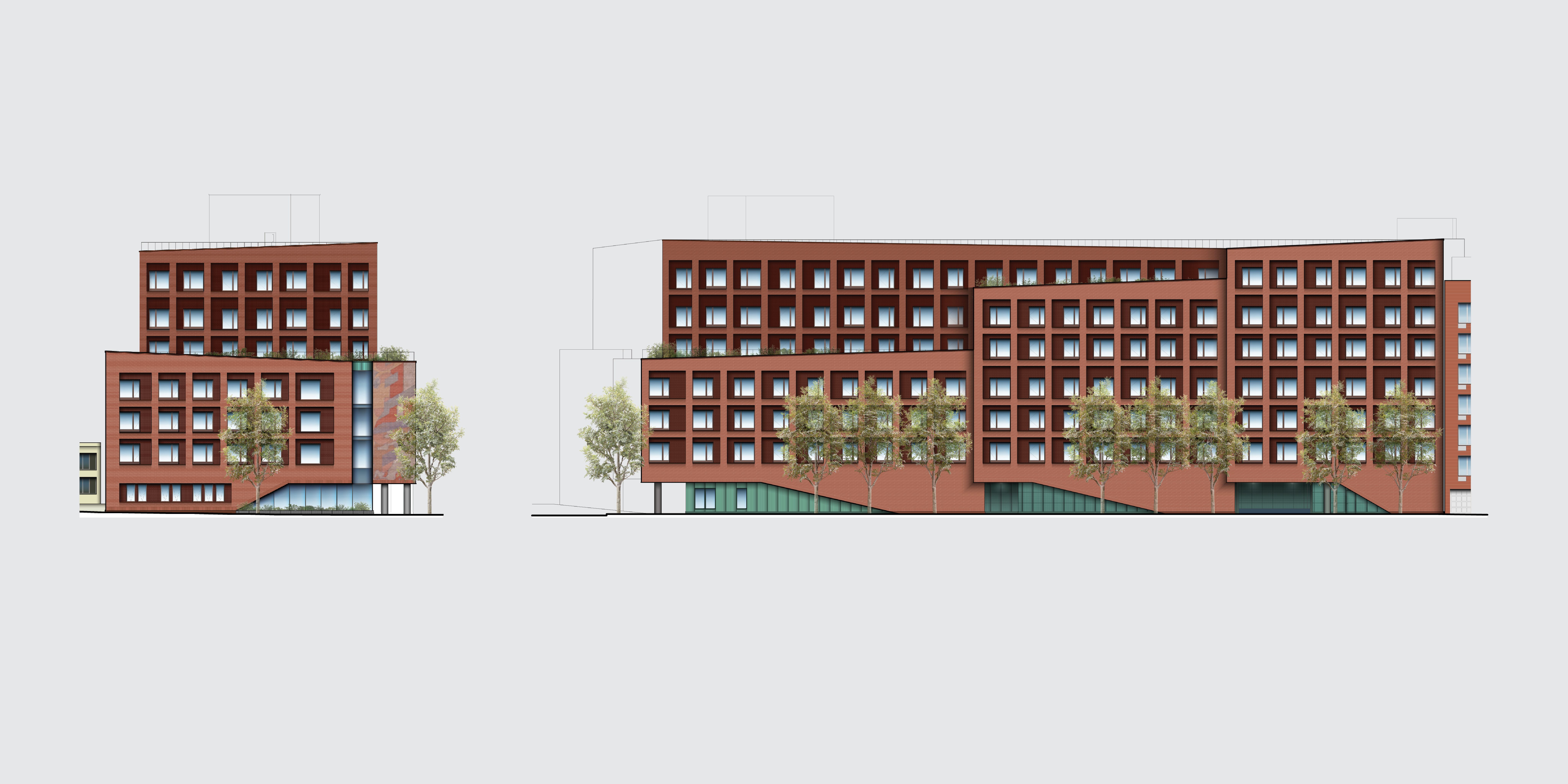 Southwest and south elevation drawings of the Woodhaven, with color