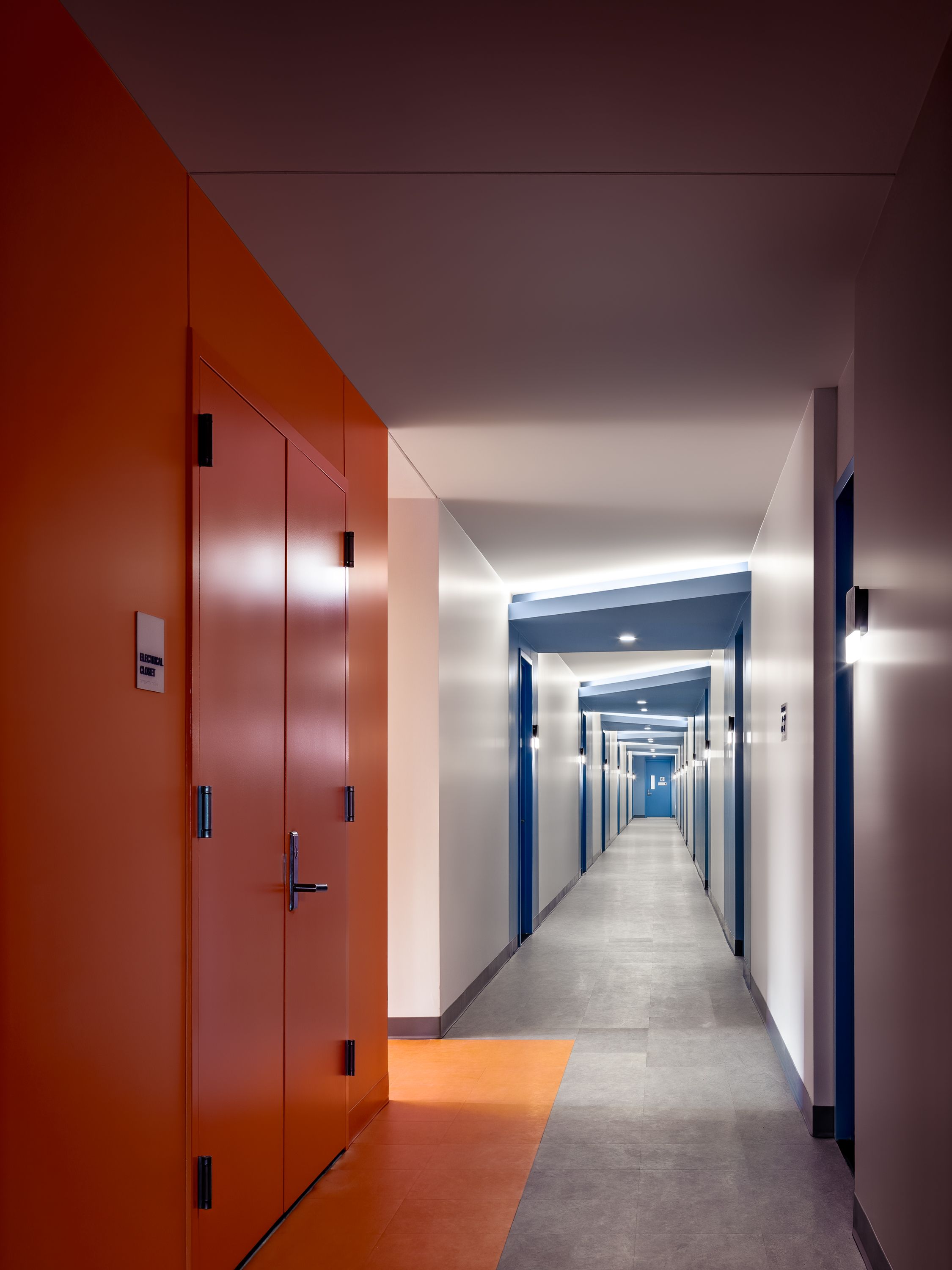 Color coded interior corridors lead users through expansive interior spaces