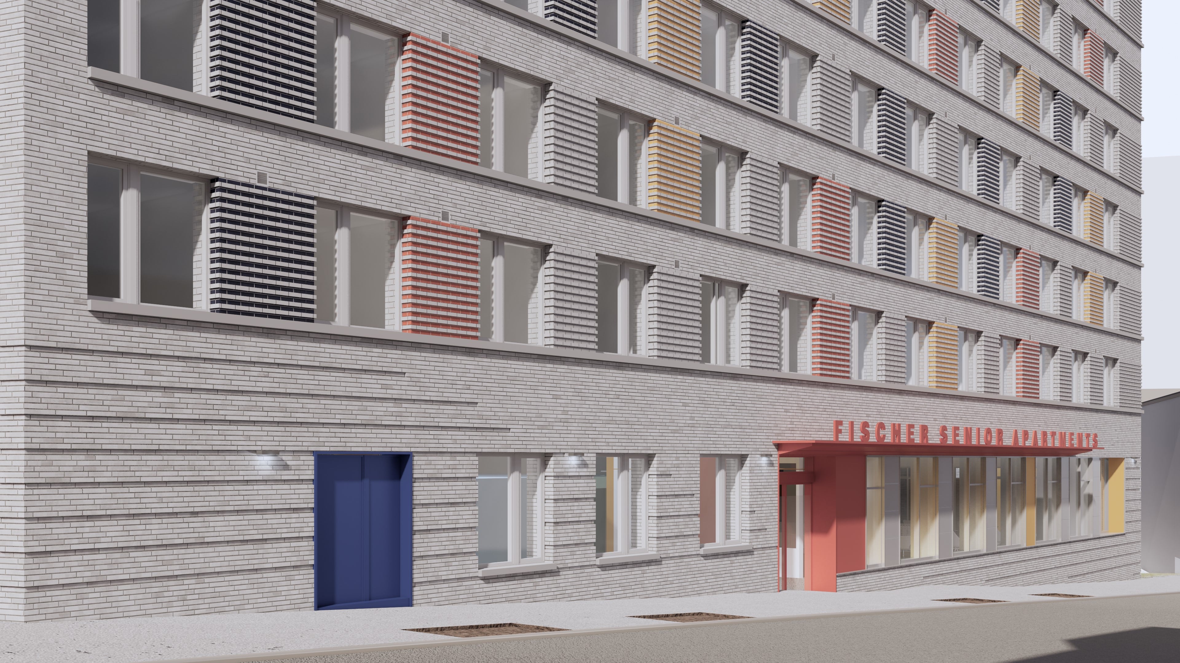 Rendered view of front facade of Fischer Senior Apartments