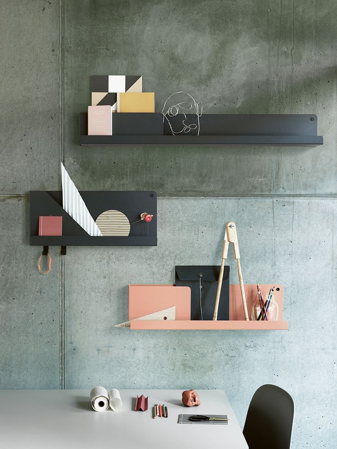 Muutos's Folded shelves fixed onto a wall.