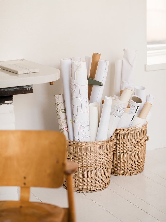 An image of storage baskets in Hanni Koroma's office.