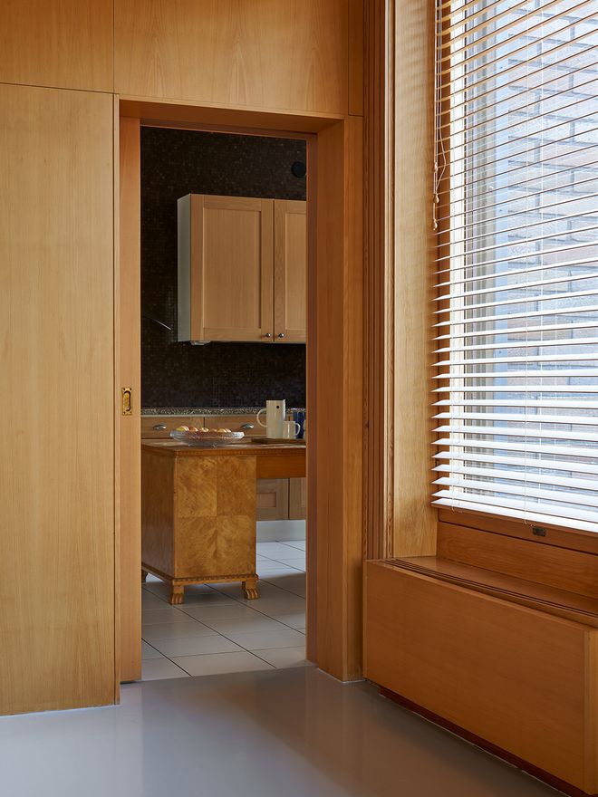 A sliding door and a view to the kitchen