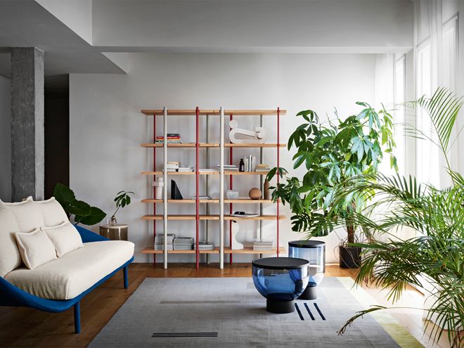 Milonga bookcase in the living room surrounded by a sofa, coffee tables and green plants