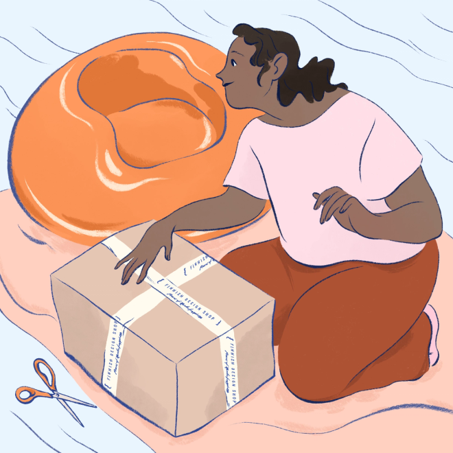 An illustration where a character is opening a box from Finnish Design Shop