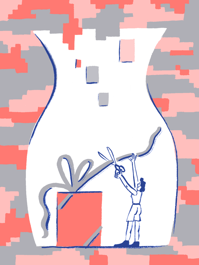 Anja Reponen's illustration where a person is cutting a ribbon with scissors