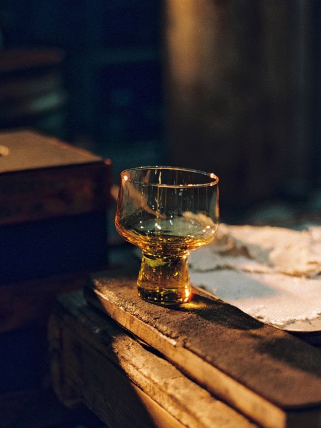 Solare glasses being made at the Iittala Glass Factory: freshly made yellow goblet