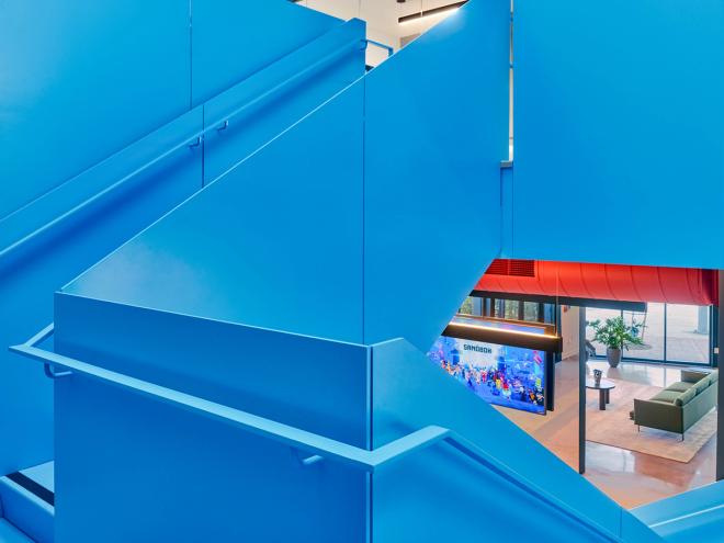 A blue staircase in the Sandbox office in LA
