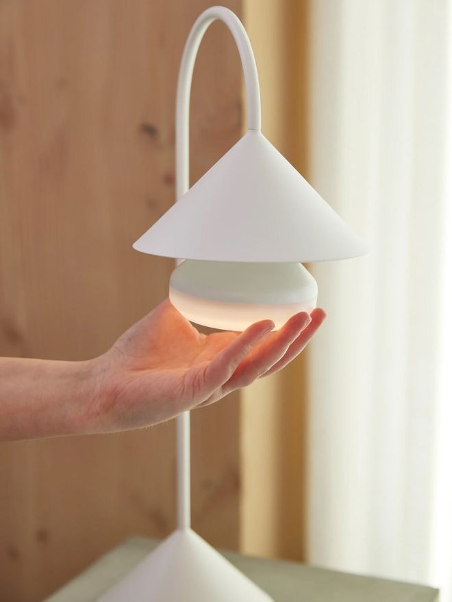 A hand holding a Frandsen One light source beneath a white conical shade.