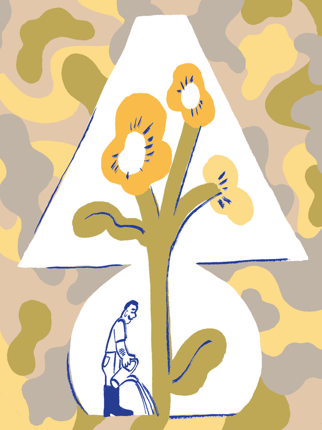 Anja Reponen's illustration where a person is watering a giant plant