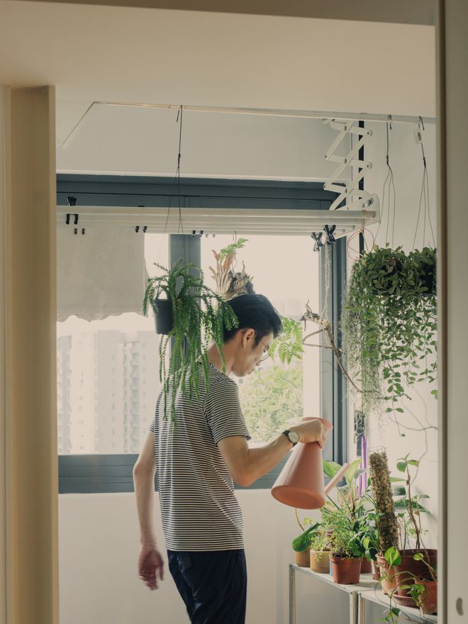 Lam Jun Nan watering plants in his home