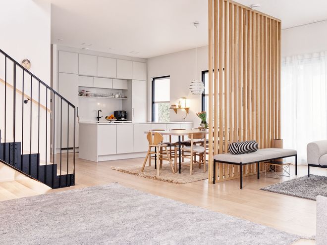 A joined dining room and living room area