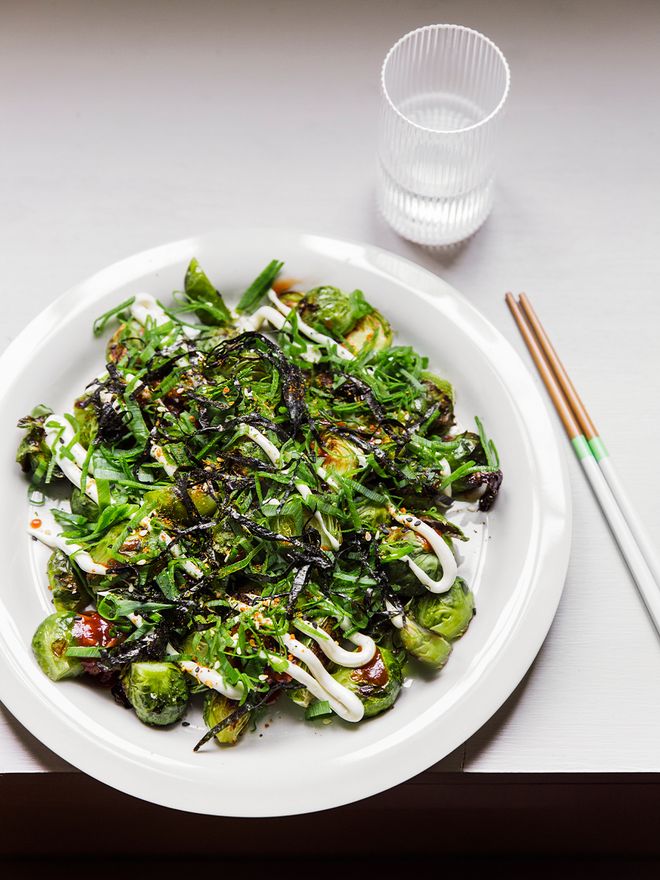 Brussels sprouts okonomiyaki on Design House Stockholm Sand plate