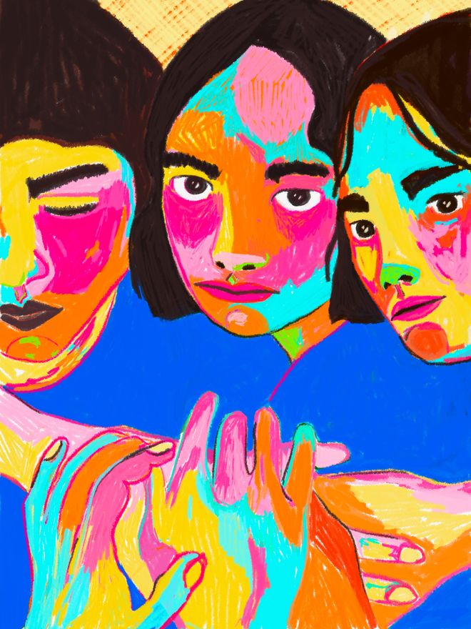A colorful illustration of three dark-haired women holding hands.