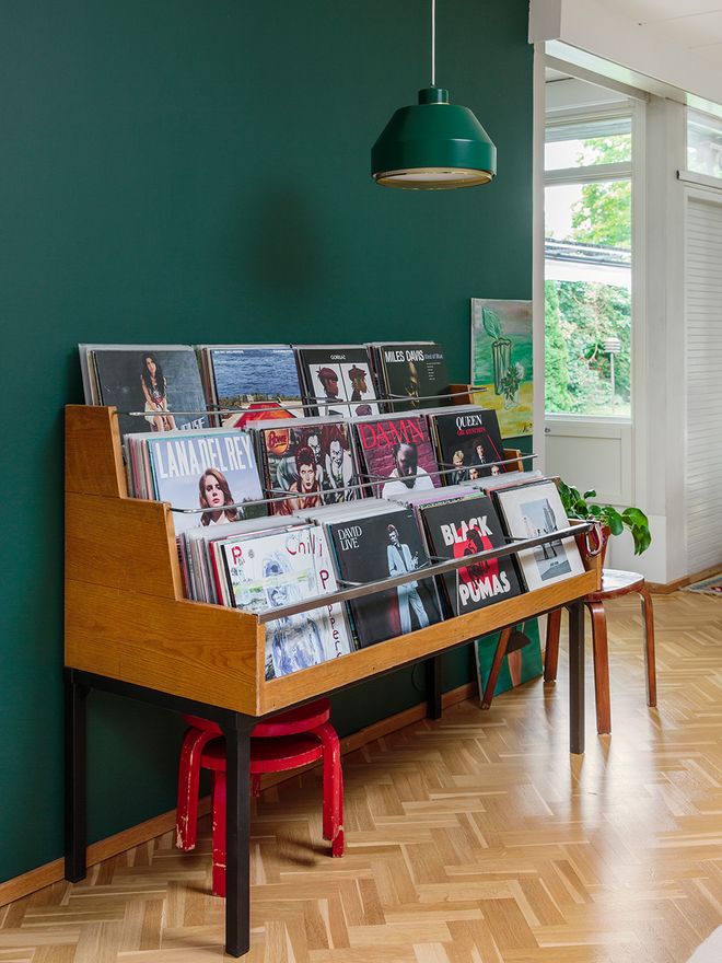 A vinyl record shelf in the living room
