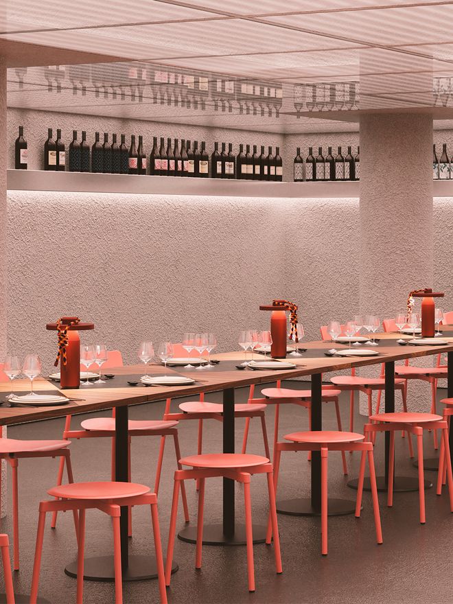 An image of Petite Friture's Fromme stools and Quasar table lamps in a restaurant. 