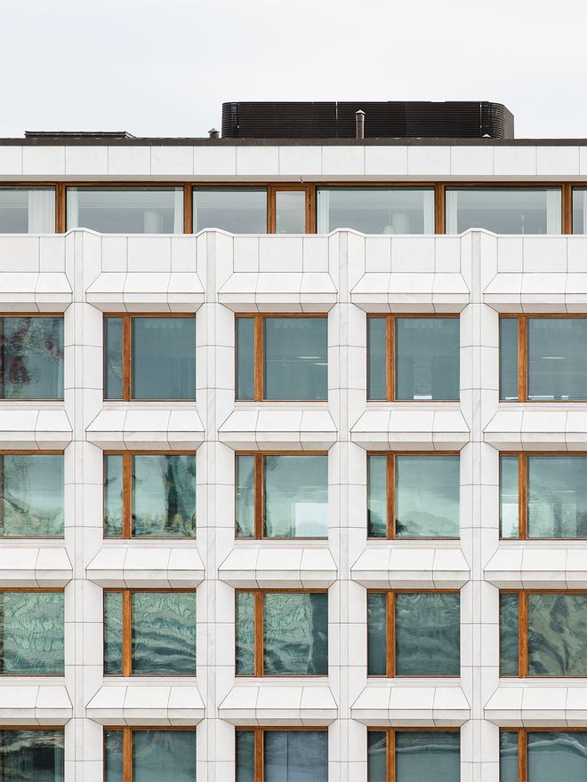 The exterior of Alvar Aalto's Sugar Cube in Helsinki