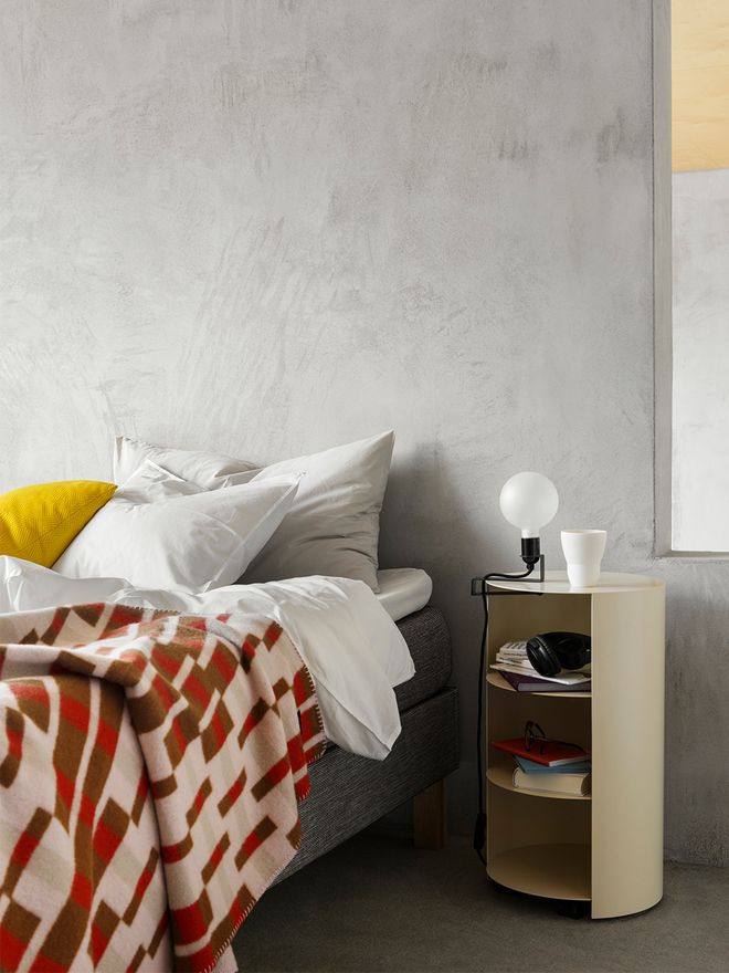 Hem's Vienna throw and Hide pedestal in bedroom decor.