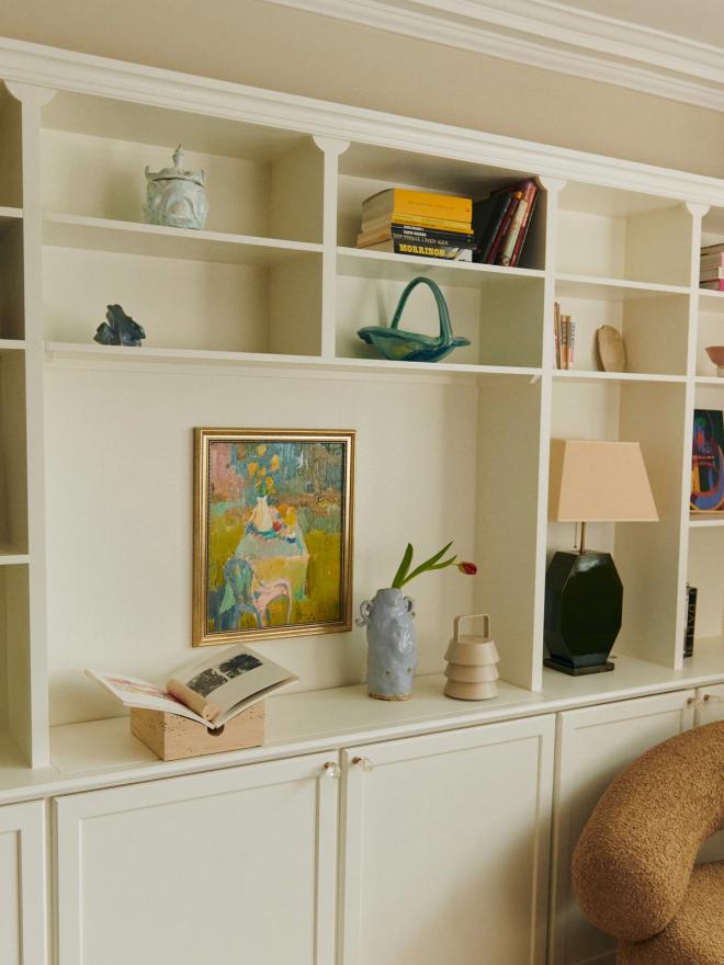 Ferm Living's Tvara book stand in travertine in the bookshelf