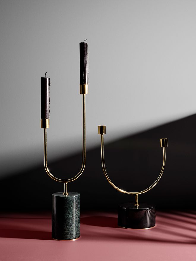 AYTM's Grasil candleholders in brass and marble