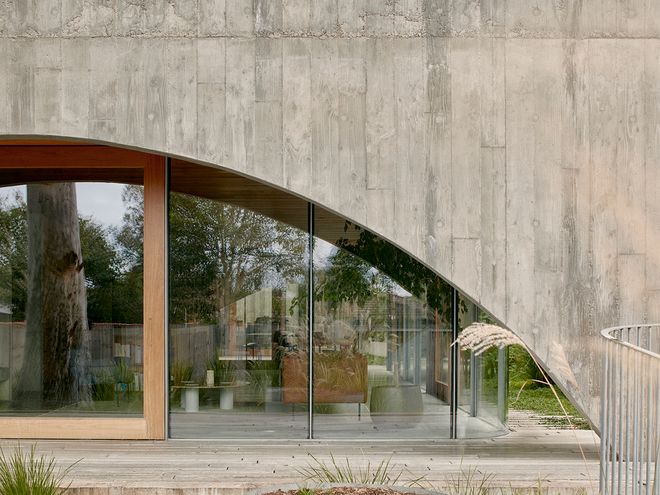 An image of Edition Office's Hawthron House. This image focuses on the concrete façade.