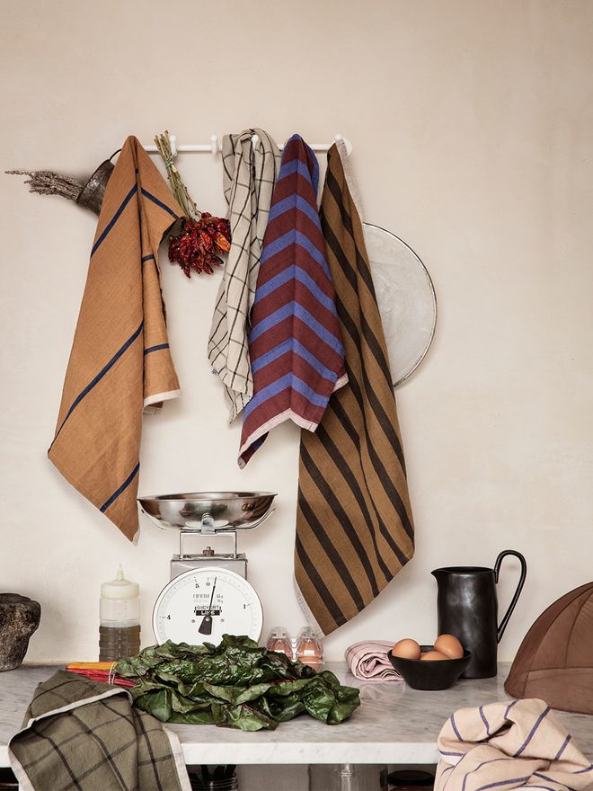 Ferm Living's Hale tea towels in different colors.