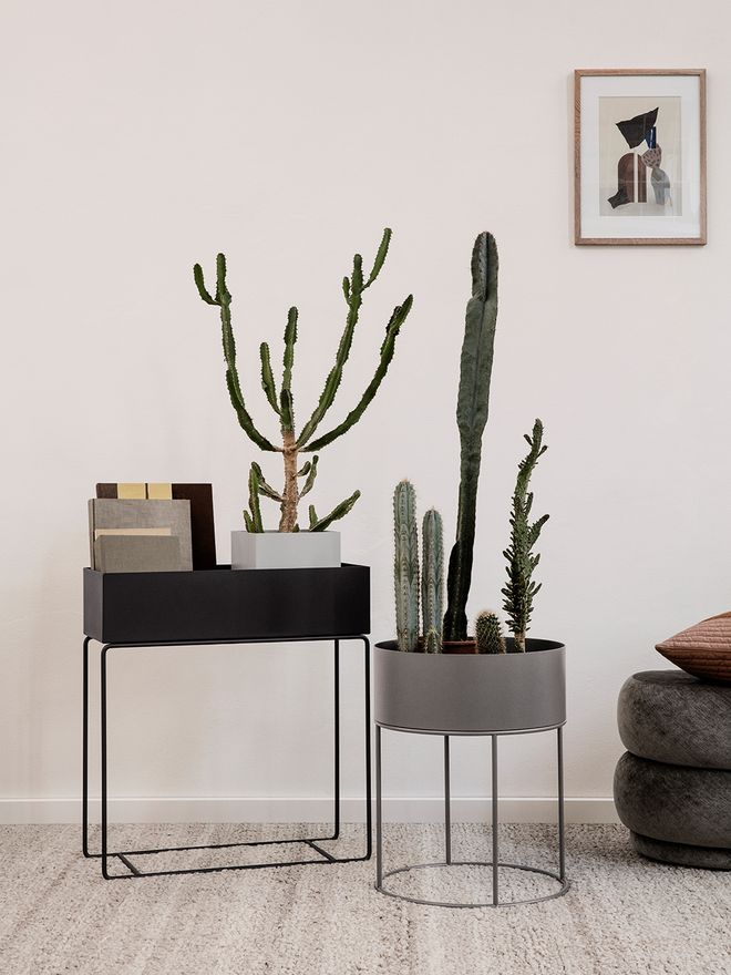 Ferm Living's round Plant Box in warm grey and rectangular Plant Box in black.