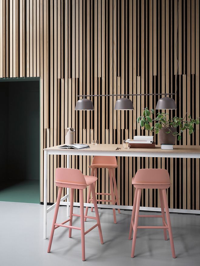 Muuto's Nerd bar stools at a counter.