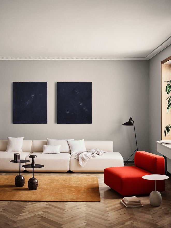 &Tradition Develius sofa, Lato coffee table and Tripod floor light