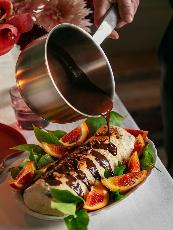 Semifreddo dessert on a serving plate