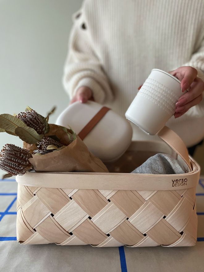 Marimekko Marimade takeaway mug and box in a Lastu basket by Verso Design