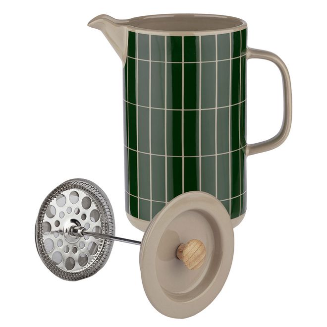 An image of Marimekko's Tiiliskivi press coffee maker and its lid, featuring a metallic filter.