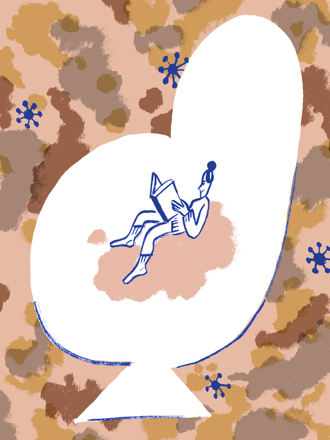 Anja Reponen's illustration where a person is reading a book in a huge chair