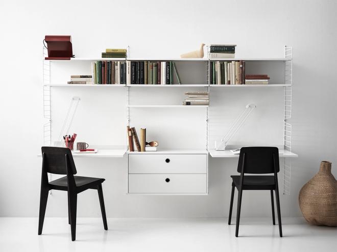 A home office built from String Furniture's String System shelving.