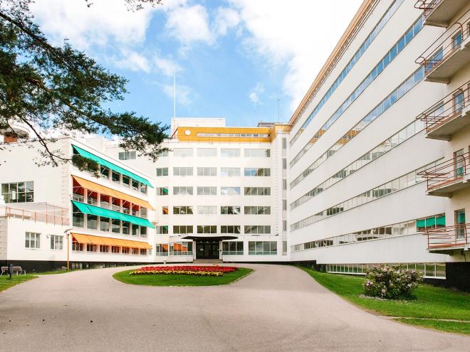 The main entrance to the Paimio Sanatorium