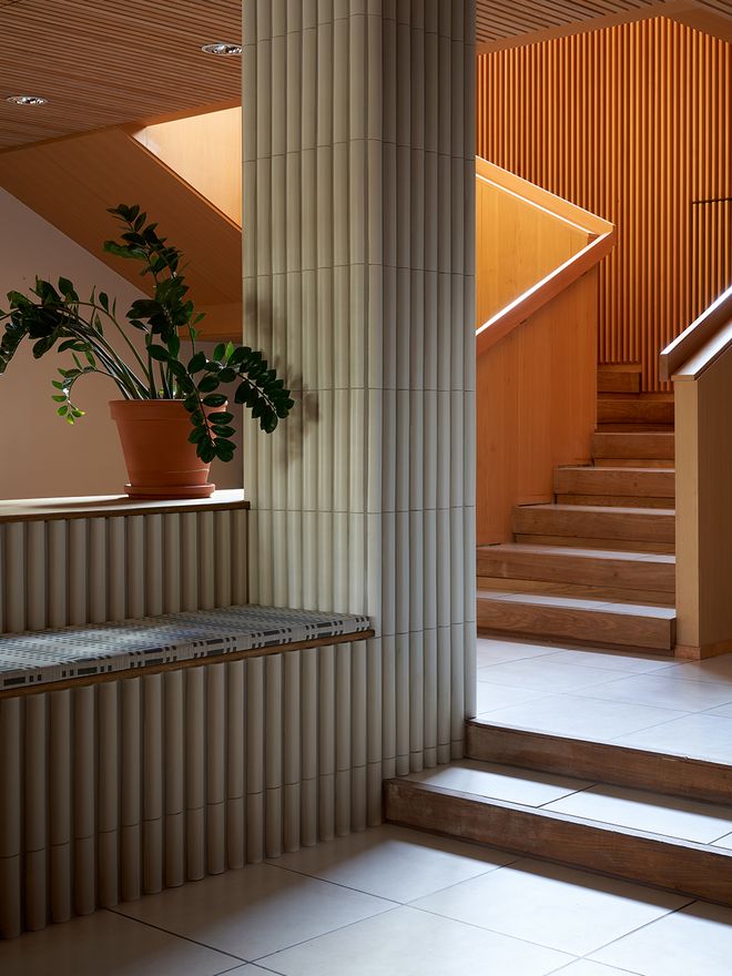 A staircase with tiled details