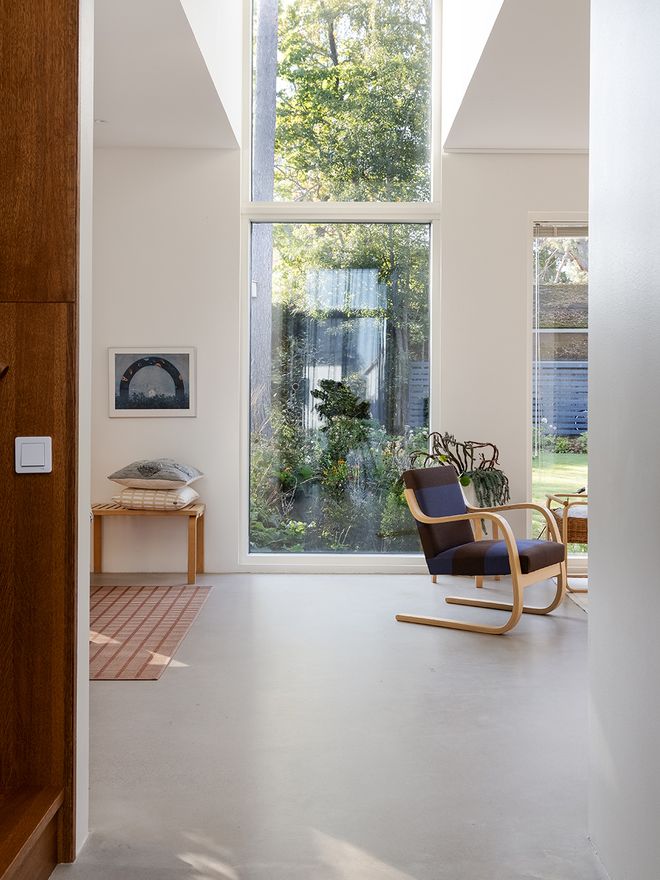 A living room with huge windows
