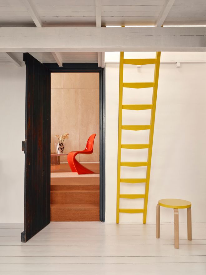 Red Panton chair, yellow ladder and birch Aalto stool
