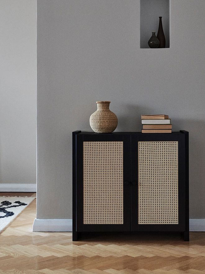 Lundia Classic cabinet w/ rattan doors, 84 x 79 cm, black lacquered