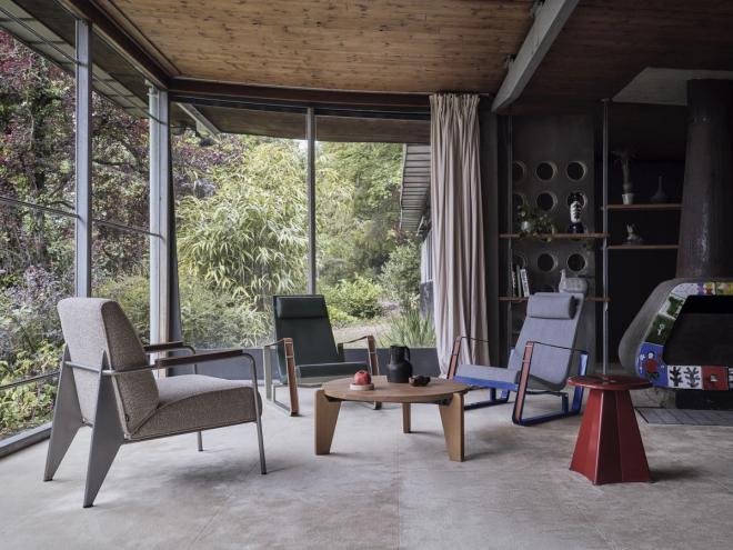 Vitra Jean Prouvé collection: Fauteuil de Salon and Cité lounge chairs, Tabouret Métallique