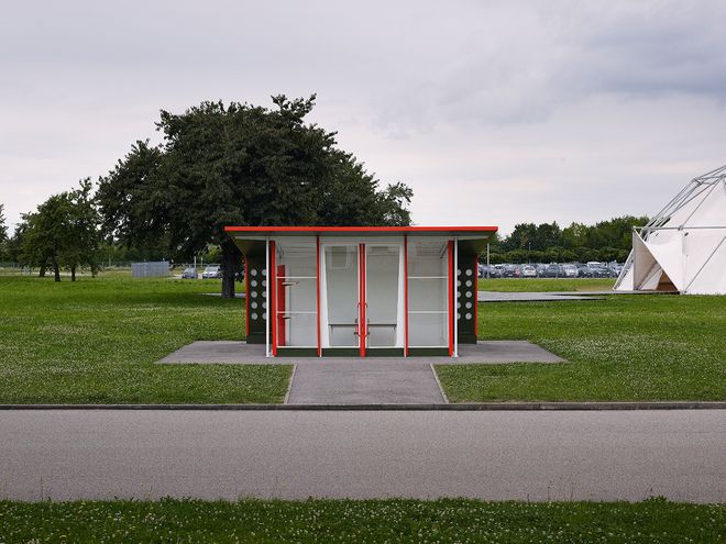 A prefabricated gas station designed by Jean and Henry Prouvé.