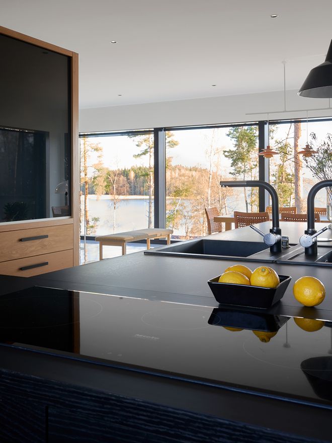 A black kitchen island top
