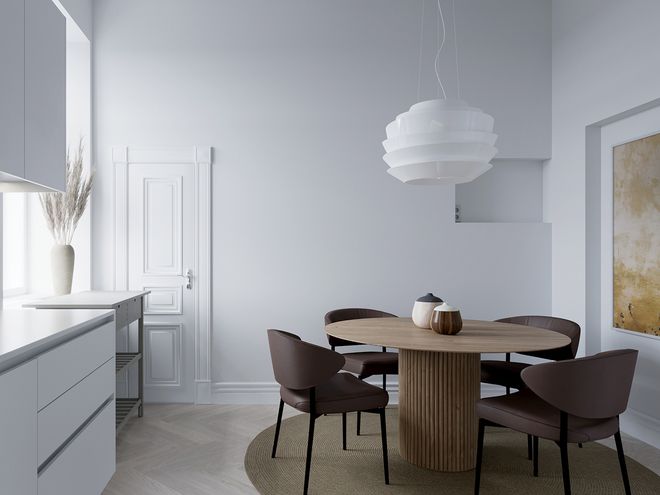 Foscarini Le Soleil pendant light and Asplund Palais Royal dining table