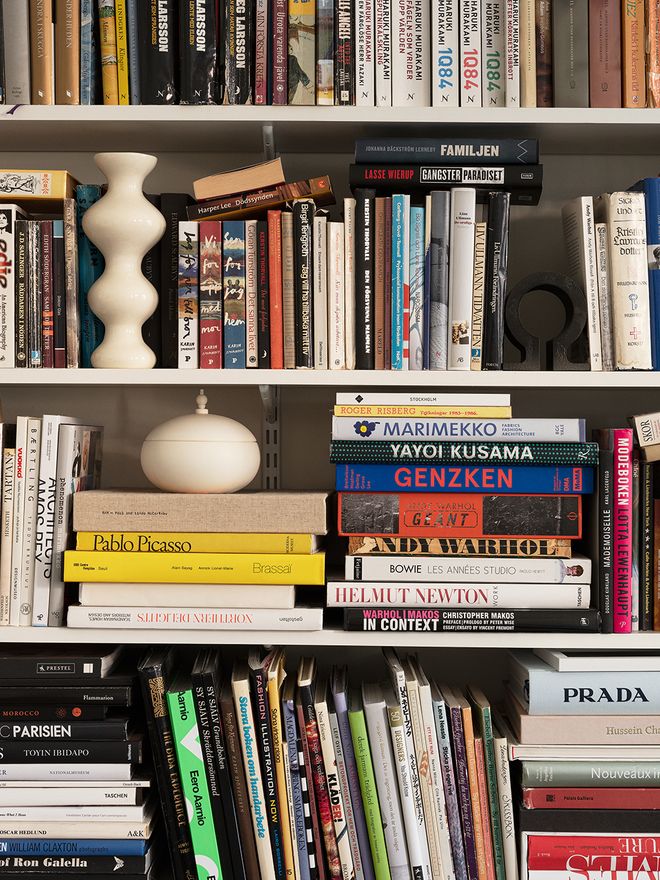 A detail of a bookshelf