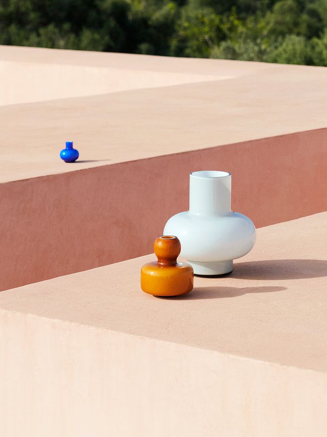 Marimekko vases: Mini vase electric blue, Flower vase caramel brown, and Umpu vase light grey.