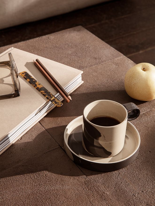 Ferm Living Inlay cup with saucer, sand - brown