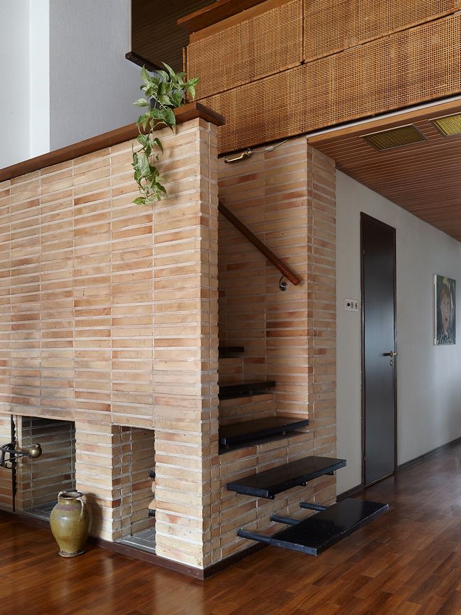 Tile wall and an open fireplace